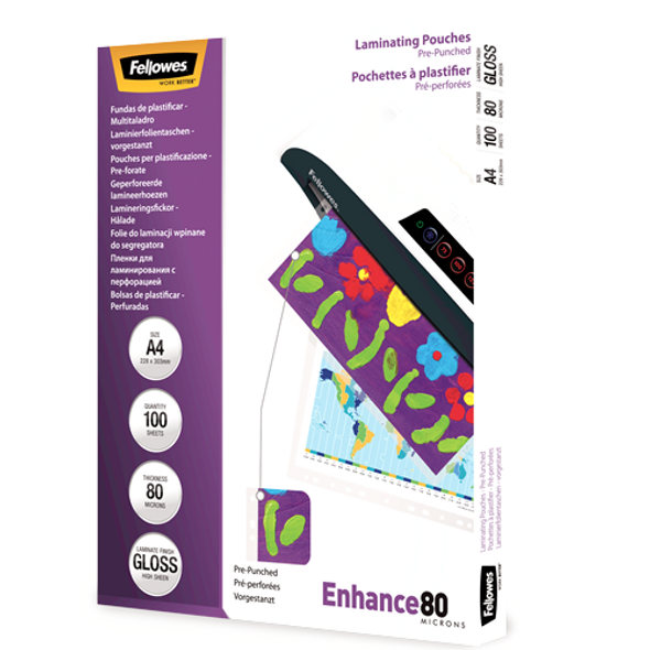 Pre-Punched A4 80 Micron Laminating Pouch Pack 100 Fellowes