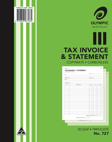 Olympic 727 Invoice and Statement Book Carbonless Triplicate 250 x 200mm 50 Leaf