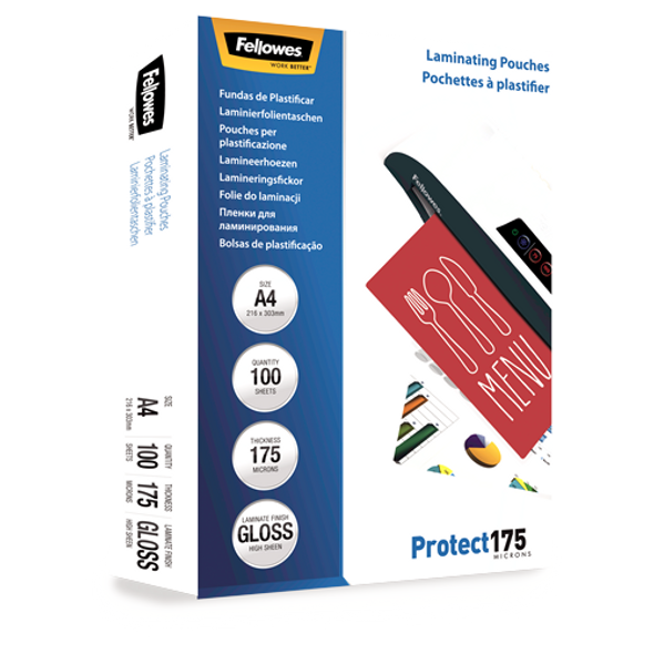 Glossy A4 175 Micron Laminating Pouch 100 Pack Fellowes