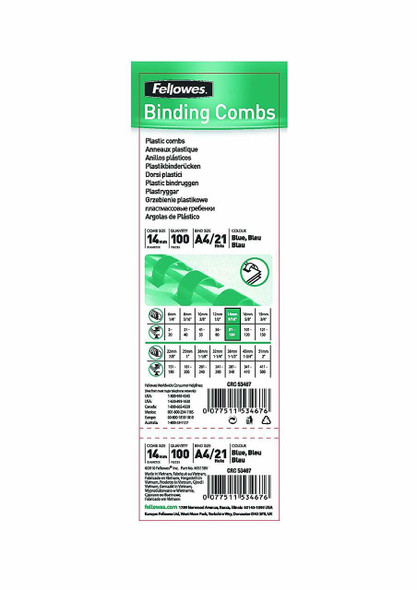 Plastic Binding Combs 21 Ring 14mm Round Blue Pack 100 Fellowes