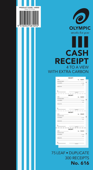 Olympic Cash Receipt Book 616 Carbon Duplicate 75 Leaf 254 x 135mm