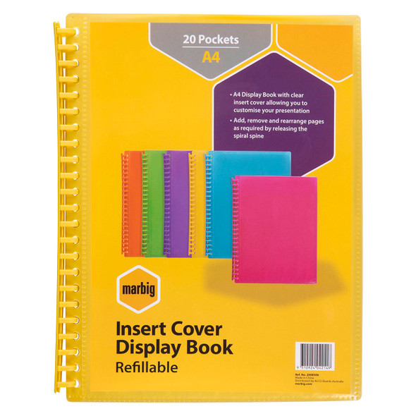Marbig Clearview Refillable Display Book 20 Pocket A4 Translucent Yellow Box of 12