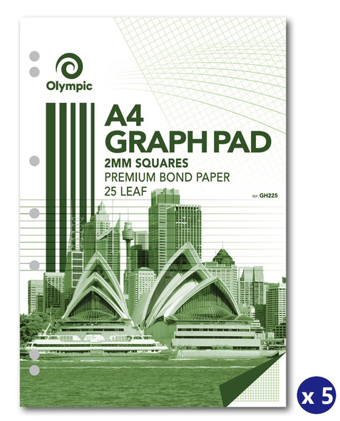 Olympic Graph Pad A4 25 Leaf 2mm Squares Ruled Pack of 5