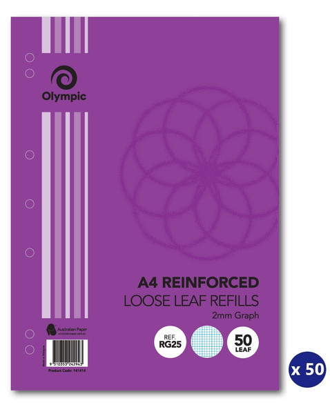 Olympic Loose Leaf Refill Reinforced A4 2mm Graph Ruled 50 Leaf Box of 50