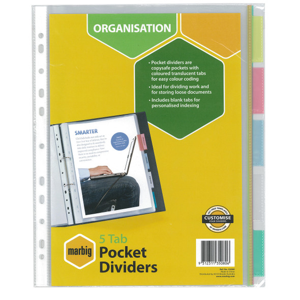 Marbig Indices and Dividers 5 Tab PP A4 Clear Pockets Multi Colour