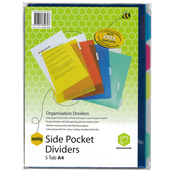 Marbig Side Pockets Dividers Clear 5 Tab PP A4 Multi Colour
