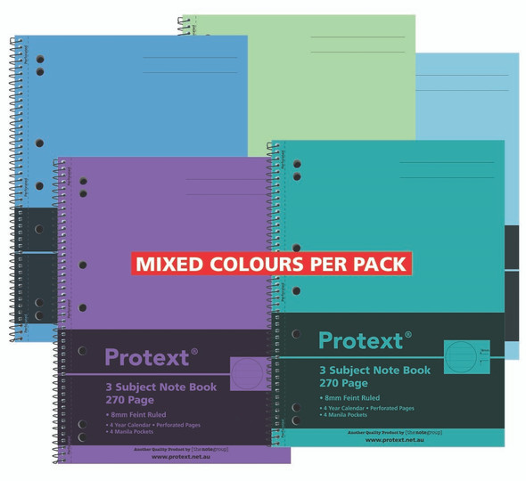 Protext 3 Subject Notebook 295 x 223mm PP 270 Page Ruled Assorted Pack of 5