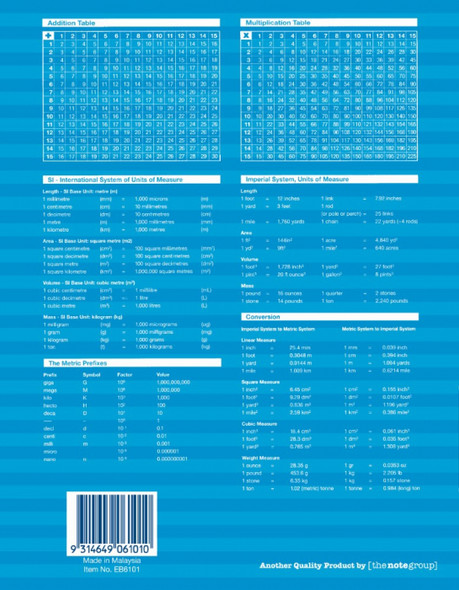 Back cover of Writer EB6101 exercise book showing reference tables and product information