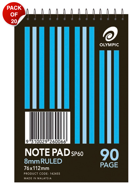 Olympic Notepad 76 x 112mm 90 Pages 8mm Spiral Pack of 20