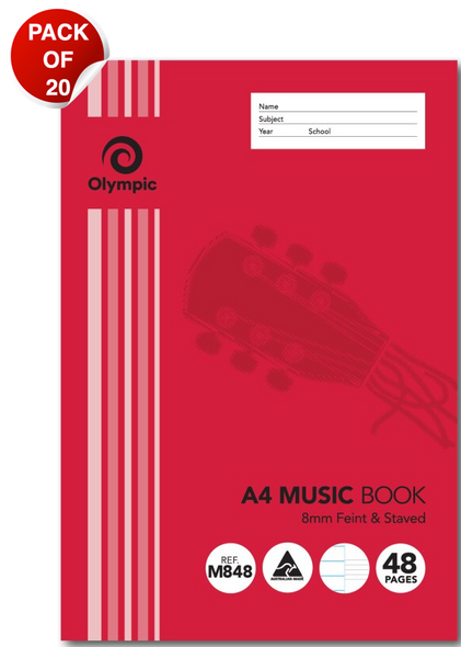 Olympic Music Book A4 48 Pages 8mm Feint and Staved Pack of 20