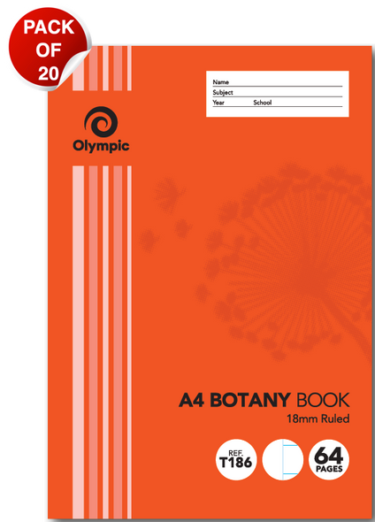 Olympic Botany Book A4 64 Pages 18mm Feint Ruled Pack of 20
