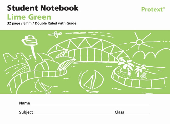 Protext Student Notebook 32 Page 8mm Double Ruled with Guide Lime Green Pack of 20