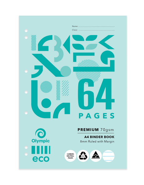 Olympic A4 Eco Binder Book 64 Pages 8mm Ruling Stapled Pack of 20