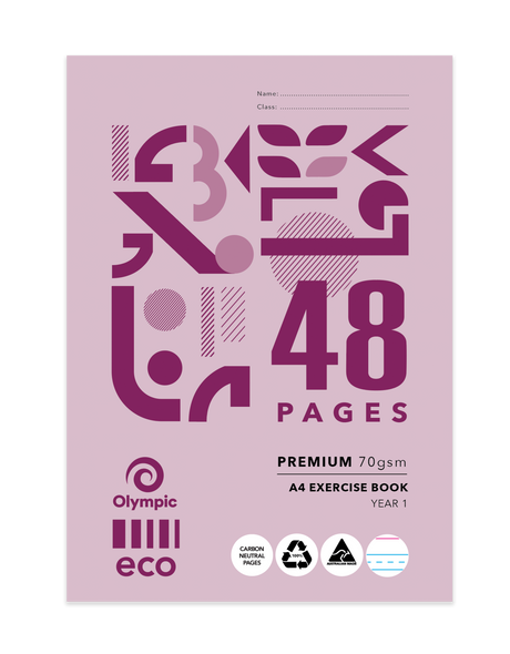 Olympic A4 Eco Exercise Book 48 Pages Year 1 QLD Ruling Stapled Pack of 20