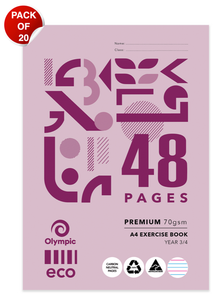 Olympic Eco Exercise Book A4 48 Pages Year 3/4 QLD Ruling Stapled Pack of 20