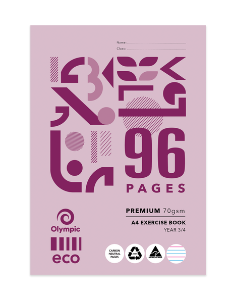 Olympic Eco Exercise Book A4 96 Pages Year 3/4 QLD Ruling Stapled Pack of 10