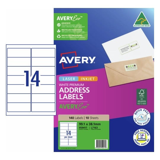 Label layout showing 14 address labels per A4 sheet for 99.1 mm x 38.1 mm size