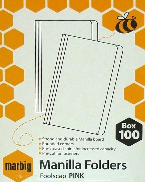 Marbig Manilla Folder Foolscap Pink Box of 100