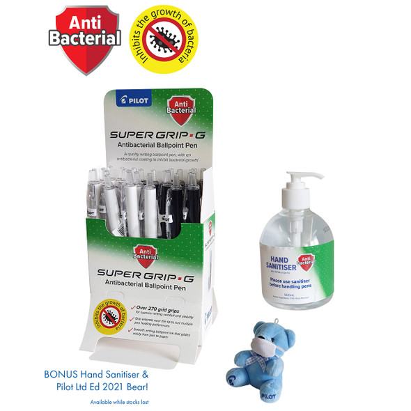 Pilot Super Grip G Antibacterial Ballpoint Pen Display 24 with Bonus Sanitiser and Bear