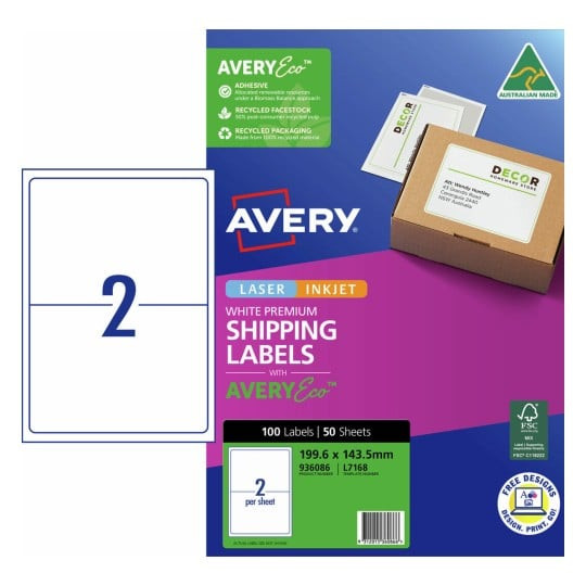 Avery 936086 premium shipping labels with AveryEco pack shot showing 2 labels per sheet 199.6 x 143.5mm pack of 50