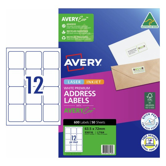 Avery 936116 premium address labels with AveryEco pack shot showing 12 labels per sheet 63.5 x 72mm pack of 50