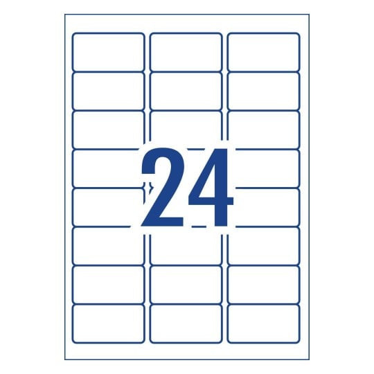 Label layout diagram showing 24 rectangular labels per A4 sheet for 64 x 33.8mm size