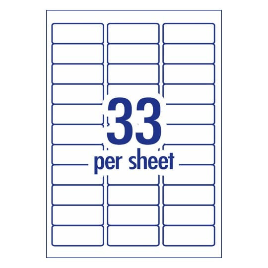 Label layout diagram showing 33 rectangular labels per A4 sheet for 64 x 24.3mm size