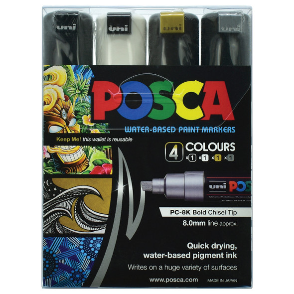 Posca PC-8K Paint Marker Pen Chisel Bold Black White Gold and Silver Wallet of 4