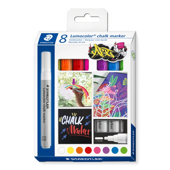 Staedtler 344 Lumocolor Chalk Marker with Bullet Tip Assorted Colours Pack of 8 | Mega Office Supplies