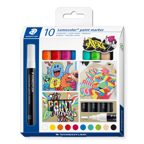 Staedtler 349 Lumocolor Paint Acrylic Marker with Bullet Tip Assorted Colours Pack of 10 | Mega Office Supplies