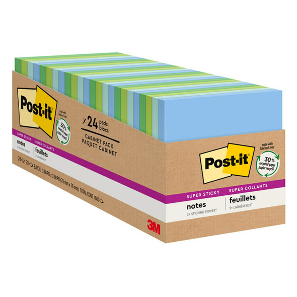 Post-it 654-24SST-CP Oasis Collection cabinet pack of 24 pads. Each 76 x 76mm recycled super sticky note pad includes 70 sheets in calming blues and greens. Post-it 654-24SST-CP Oasis Collection cabinet pack of 24 pads. Each 76 x 76mm recycled super sticky note pad includes 70 sheets in calming blues and greens.