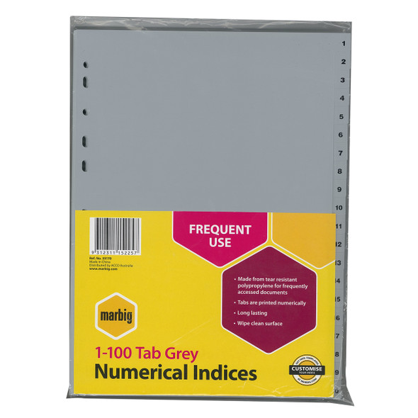 Marbig Indices and Dividers 1-100 Tab PP A4 Grey