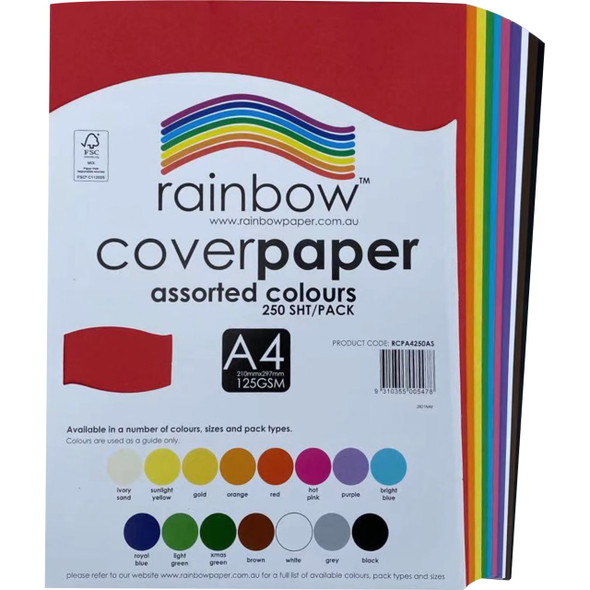 Rainbow Cover Paper A4 125gsm Assorted Pack of 250