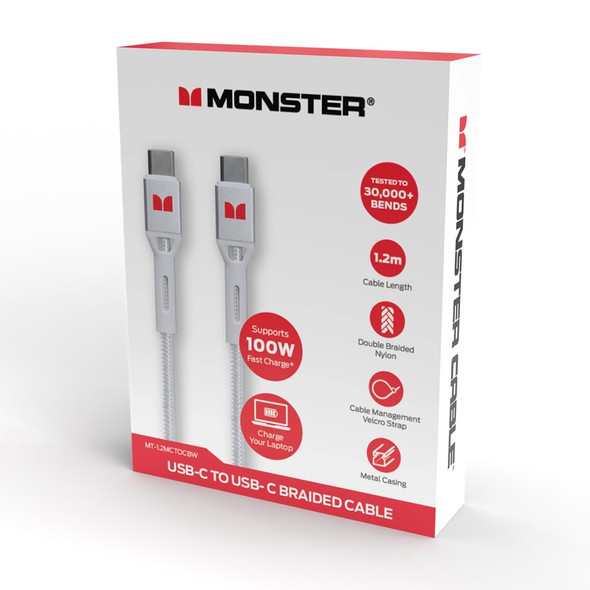 Monster White USB-C to USB-C Braided Cable 1.2m