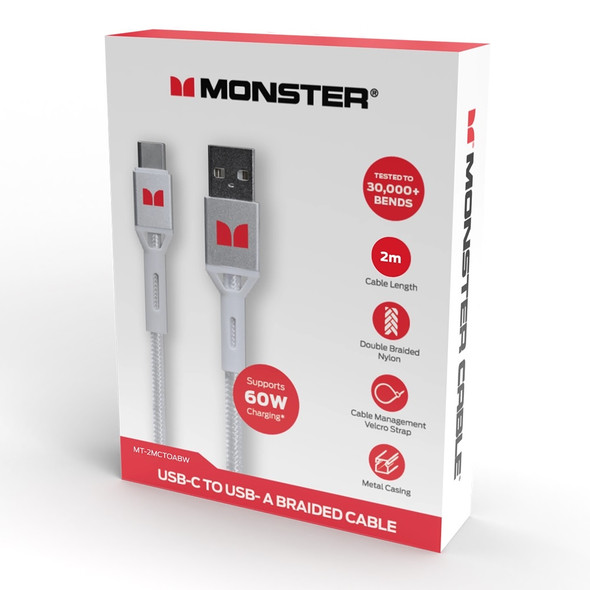 Monster White USB-C to USB-A Braided Cable 2m