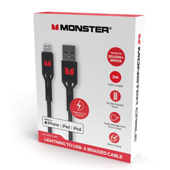Monster Black Lightning to USB-A Braided Cable 2m
