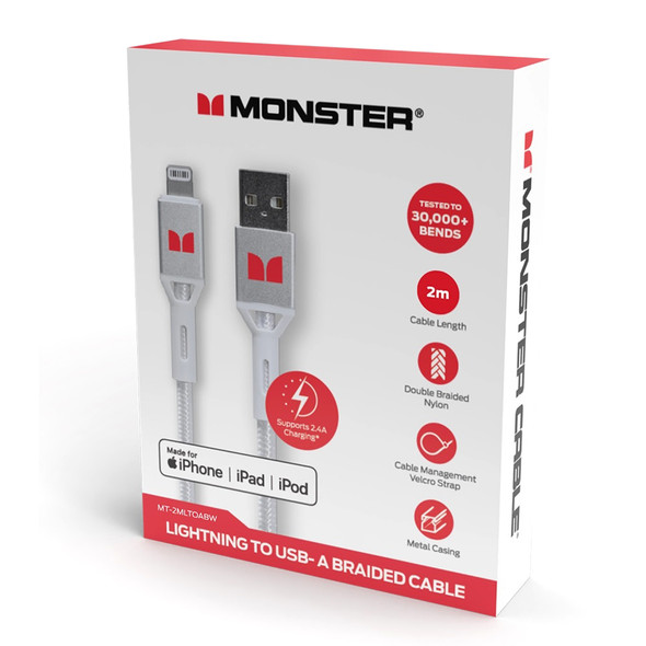 Monster White Lightning to USB-A Braided Cable 2m