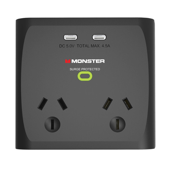 Monster Dual Socket Surge Protector with Dual USB-C Ports Black