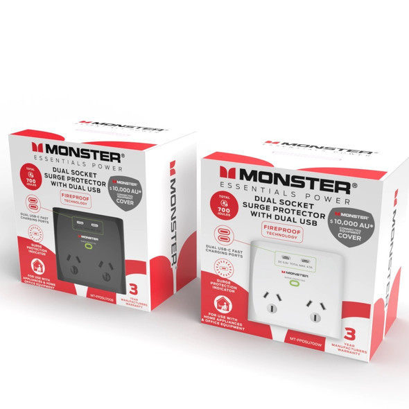 Monster Black Dual Socket Surge Protector with Dual USB-C Ports