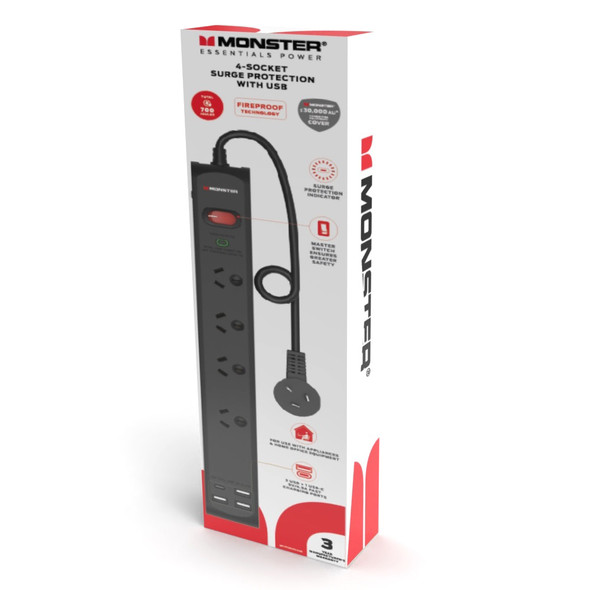 Monster Black 4 Socket Surge Protector with USB-C and USB-A Ports