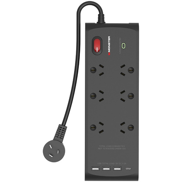 Monster 6 Socket Surge Protector with USB-C and USB-A Ports Black