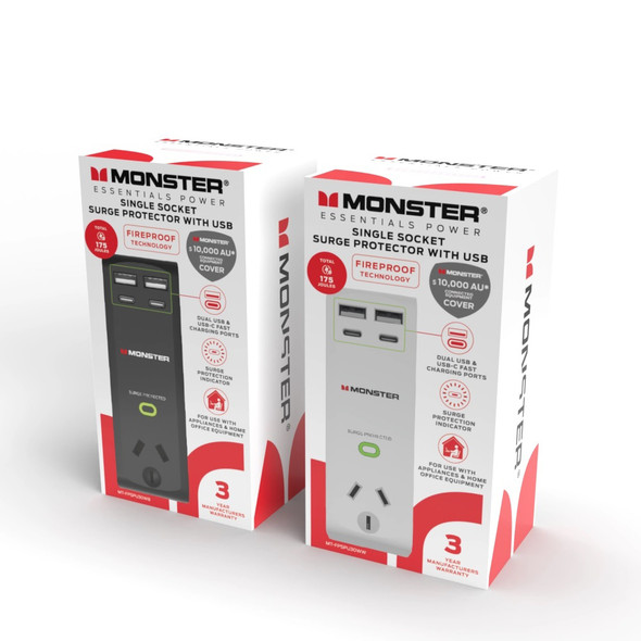 Monster White Single Socket Surge Protector with USB-C and USB-A Ports