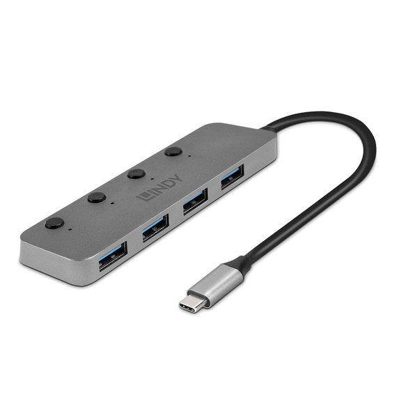 Lindy 4 Port USB 3.2 Type C Hub with On/Off Switches Grey