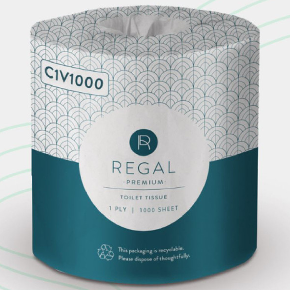 Regal Premium 1 Ply Toilet Tissue C1V1000 individually wrapped roll with recyclable packaging Regal Premium 1 Ply Toilet Tissue C1V1000 individually wrapped roll with recyclable packaging