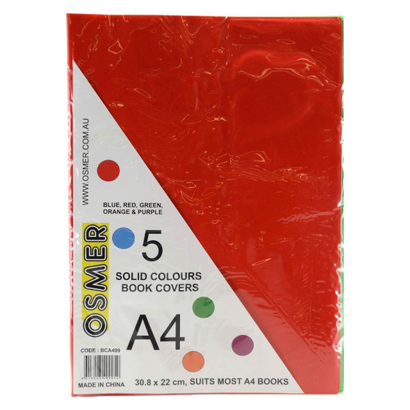 Osmer Book Cover A4 Solid Assorted Pack of 5