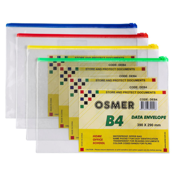 Osmer Data Envelope B4 Assorted Colour Slide Zip 39cm x 29cm Pack of 12 | Mega Office Supplies