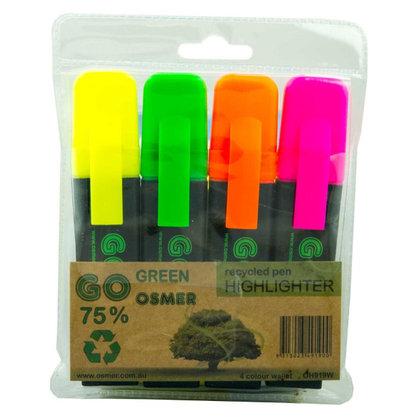 Osmer Recycled Highlighter Pen Chisel Tip Standard 4 Assorted Colours Pack of 12 | Mega Office Supplies
