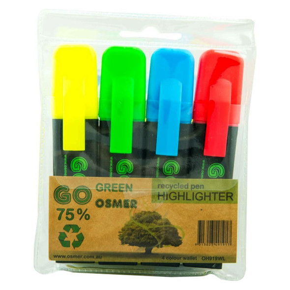Osmer Recycled Highlighter Pen Chisel Tip Literacy 4 Assorted Colours Pack of 12 | Mega Office Supplies