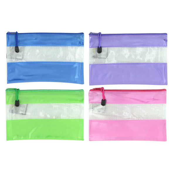 Osmer PVC Mesh Case with Coloured Bands 23 x 15cm Assorted Pack of 12