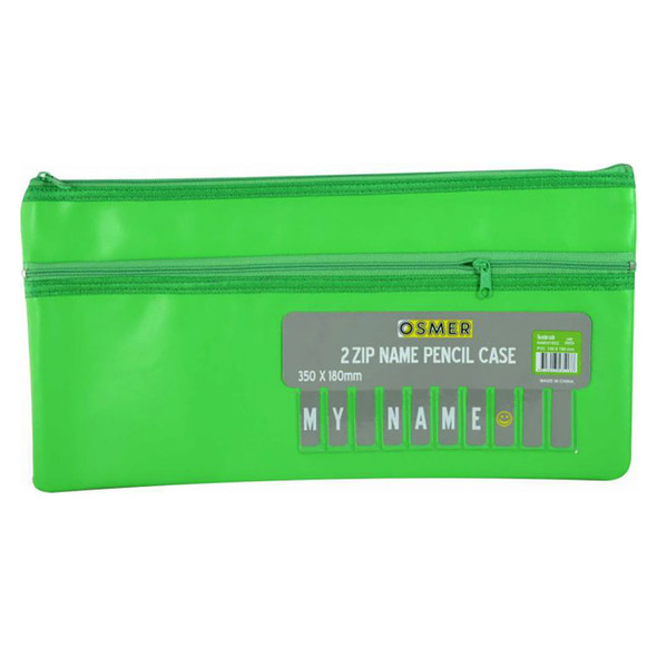 Osmer Cloth Backed PU Pencil Case 2 Zip with Alphabet Card 35 x 18cm Green Pack of 6